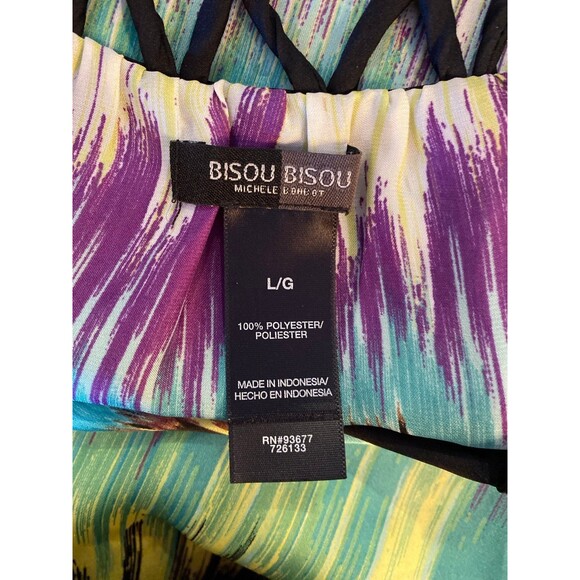 Bisou Bisou Blouse Size Large Top Purple Green Silky Feel Sleeveless Woven Neck - Picture 7 of 10